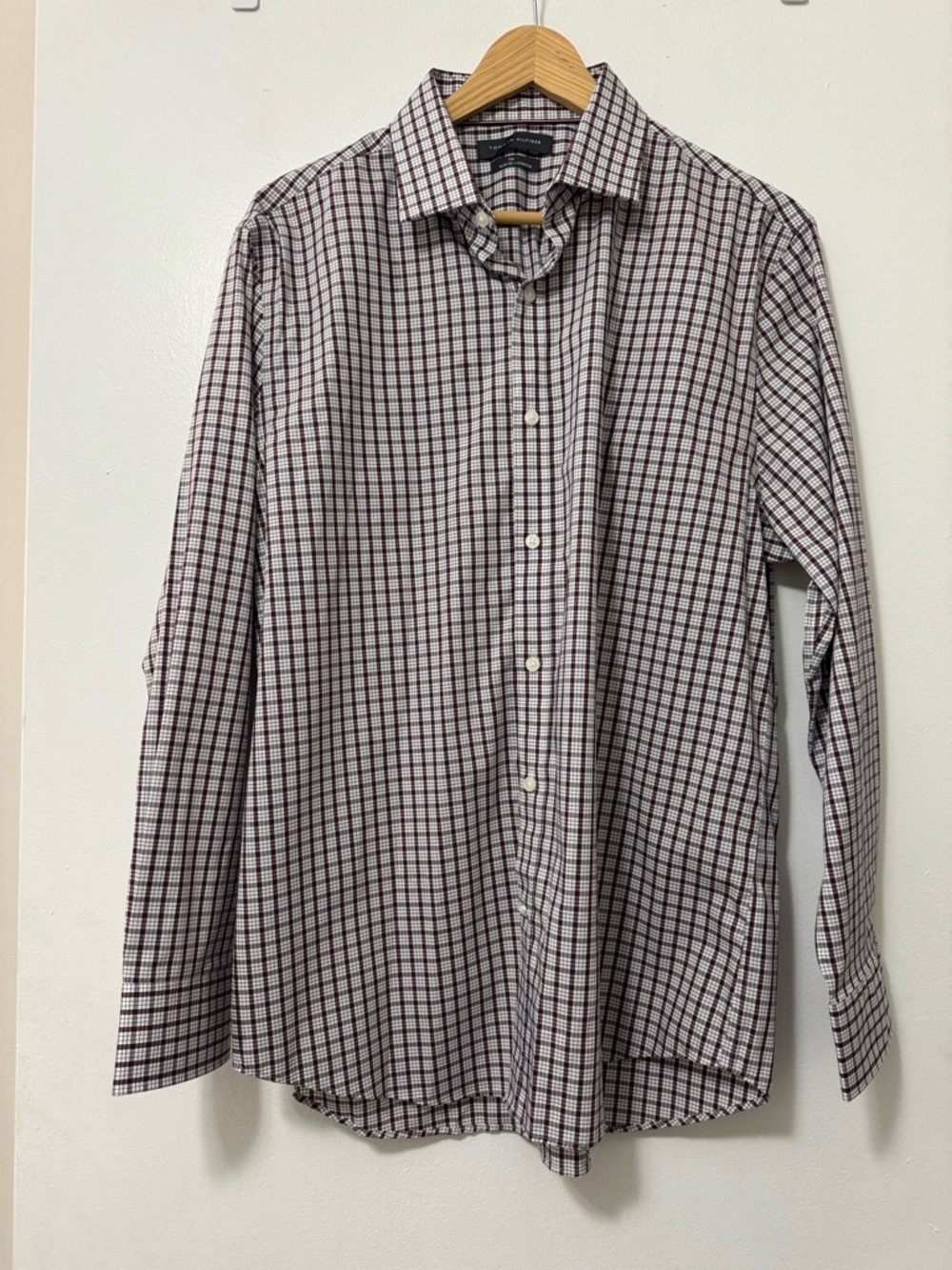 Tommy Hilfiger Men's Burgundy and White Check Dress Shirt